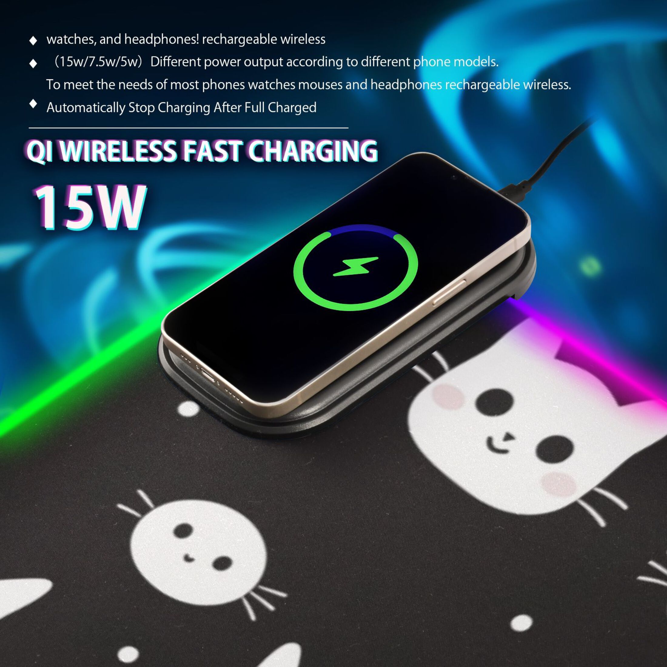 Wireless Charging Mouse Pad Large RGB Gaming Desk Mat 13 Light Modes Mousepad 35.4x15.7 Cat Glad Face