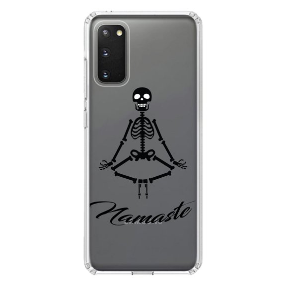 DistinctInk Clear Shockproof Hybrid Case for Galaxy S20 / S20 5G (6.2" Screen) - TPU Bumper, Acrylic Back, Tempered Glass Screen Protector - Namaste Yoga Skeleton