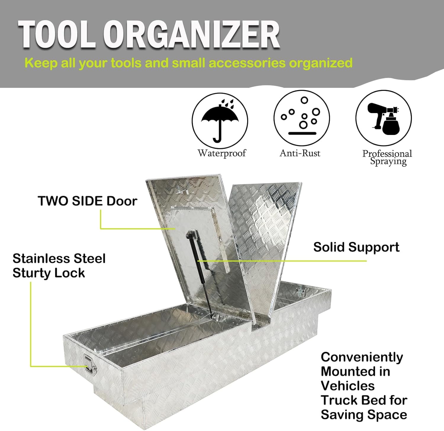 Gull Wing Crossover Truck Tool Box, 70"X20"X13" Aluminum Pickup Truck Bed Waterproof Tool Box Trailer Storage Organizer w/Lock & Key