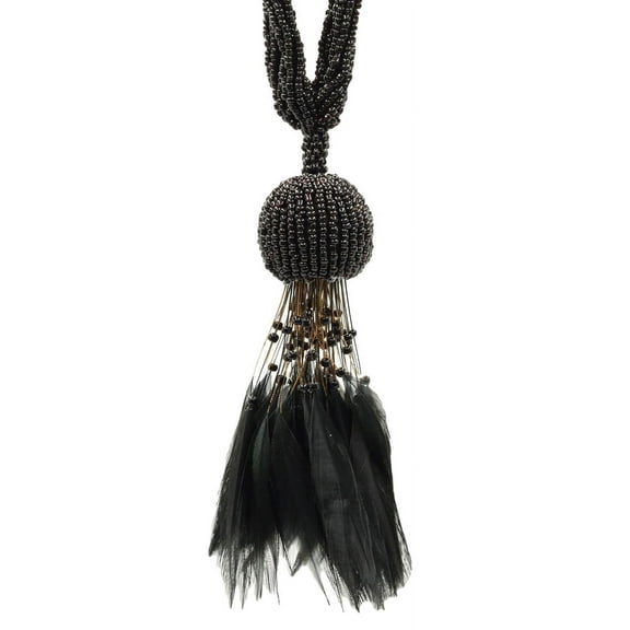 DECOPRO Beautiful Beaded Curtain Tassel Tieback Exquisitely Handcrafted with Exotic Feather Design, Tassel Length 5" (12.5cm) Spread 23" (58cm) TBBDFEATH5, Pure Black #K9 (Jet Black) Sold Individually