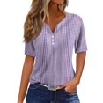 thumbnail image 2 of Women's Vintage Striped Print V Neck T-Shirt, Button Detail Short Sleeve Casual Blouse, Summer Relaxed Fit Casual Tee Top for Women Daily Wear 06-Purple M, 2 of 5