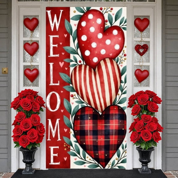 Red Heart Welcome Banner Polka Dot Pattern Backdrop Striped Design Buffalo Plaid Display for Valentine's Day Celebration Home Entrance Decor Romantic Party
