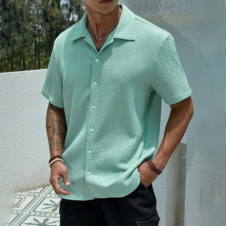 

KDJ Mens Summer Lapel Short Sleeve Shirts Fashion Vintage Textured Breathable Tops