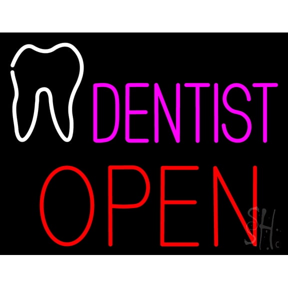 Pink Dentist Tooth Logo Block Open LED Neon Sign 24 x 31 - inches, Black Square Cut Acrylic Backing, with Dimmer - Bright and Premium built indoor LED Neon Sign for Defence Force.
