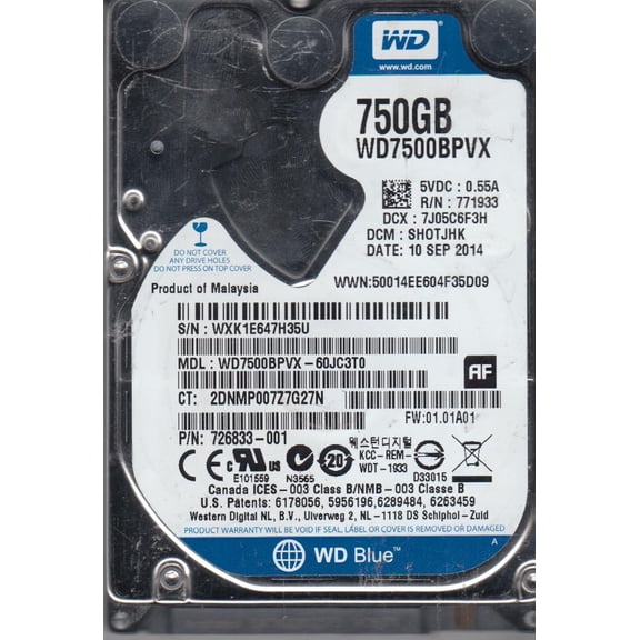 WD7500BPVX-60JC3T0, DCM SHOTJHK, Western Digital 750GB SATA 2.5 Hard Drive