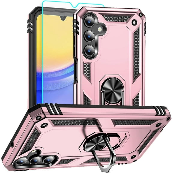for Samsung Galaxy A15 5G Case: Screen Protector Shockproof Ring Protective Phone Cvoer - Samsung Galaxy A15 Rose Gold