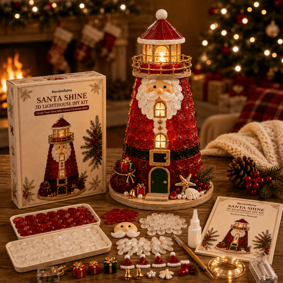 DIY Lighted Sea Glass-Style Lighthouse Kit, 3D Christmas Craft Kit for Adults with Warm LED Lights, Handmade Tabletop Holiday Decor for Mantel Shelf, Santa Snowman Reindeer Designs