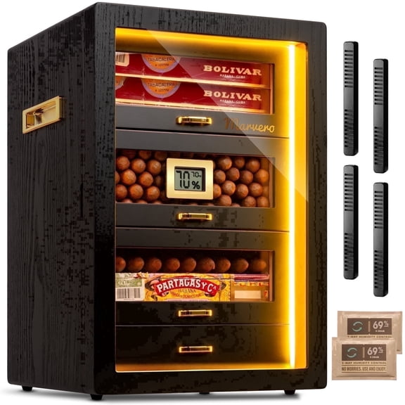 Marvero Cigar Humidor Cabinet, 200 Count, Black Finish, Glass Door, LED Light, Digital Hygrometer, Cedar Drawers