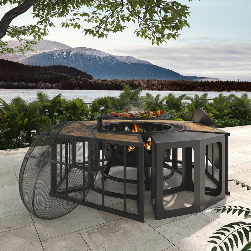 GAZEBETER 51" Fire Pit,Outdoor Wood Burning Fire Pits with Lids,Fire Poker and Metal Side Table,BBQ Fire Pits for Picnic Party, Natural Wood Grain