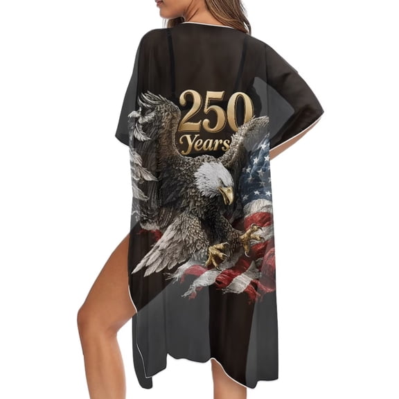 FKELYI US 250th Anniversary Eagle Print Womens Swimsuit Cover Up Summer Cardigans Open Front Beach Kimono Coverup Half Sleeve Beachwear Comfy Casual Outfits Resort Wear