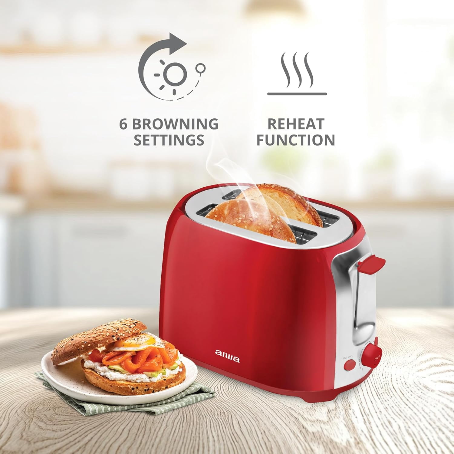 Aiwa 2-Slice Toaster with Wide Slots, 6 Browning Settings, and Crumb Tray, Red