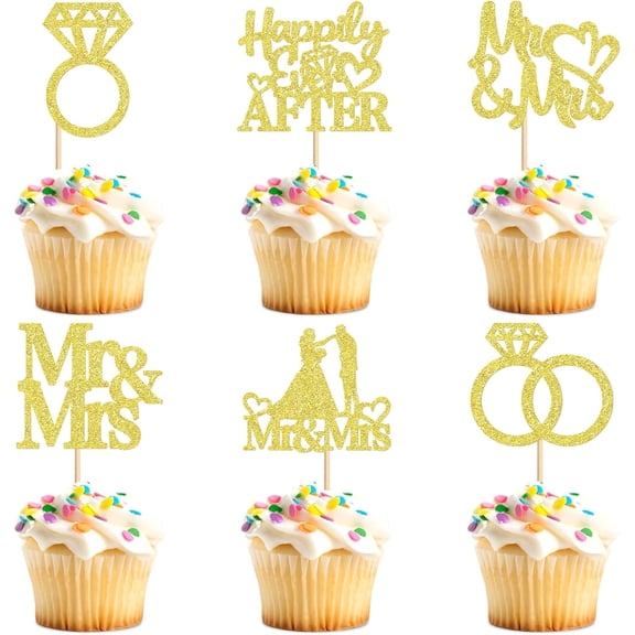 Gold Glitter Mr & Mrs Wedding Cupcake Toppers, 12 Pack Picks with Happily Ever After, Wedding Rings & Couple Silhouette, Bridal Shower Cake Decor Supplies