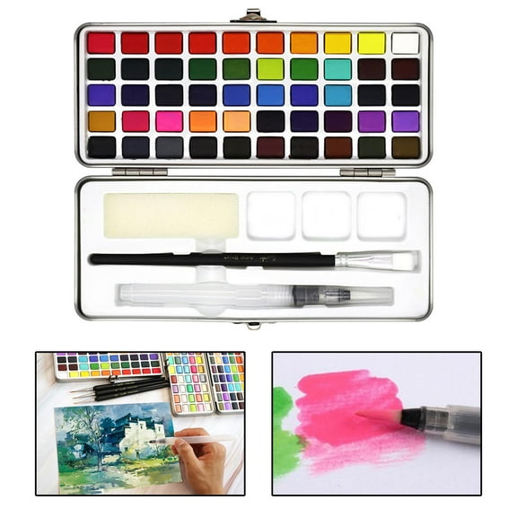 Watercolor Paint Set, 50/72/90 Assorted Vibrant Solid Colors in Tin Box with Refillable water scrub Pen, Perfect for Students Kids Beginners Artists 50 Colors