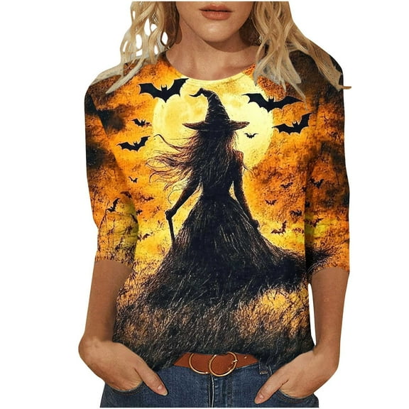 FDGIU 2025 Women's Plus Size Tunic Tops - Funny Halloween Novelty Shirts, 3/4 Length Sleeve Crew Neck Blouse, Loose Fit Casual Fall Winter Tops