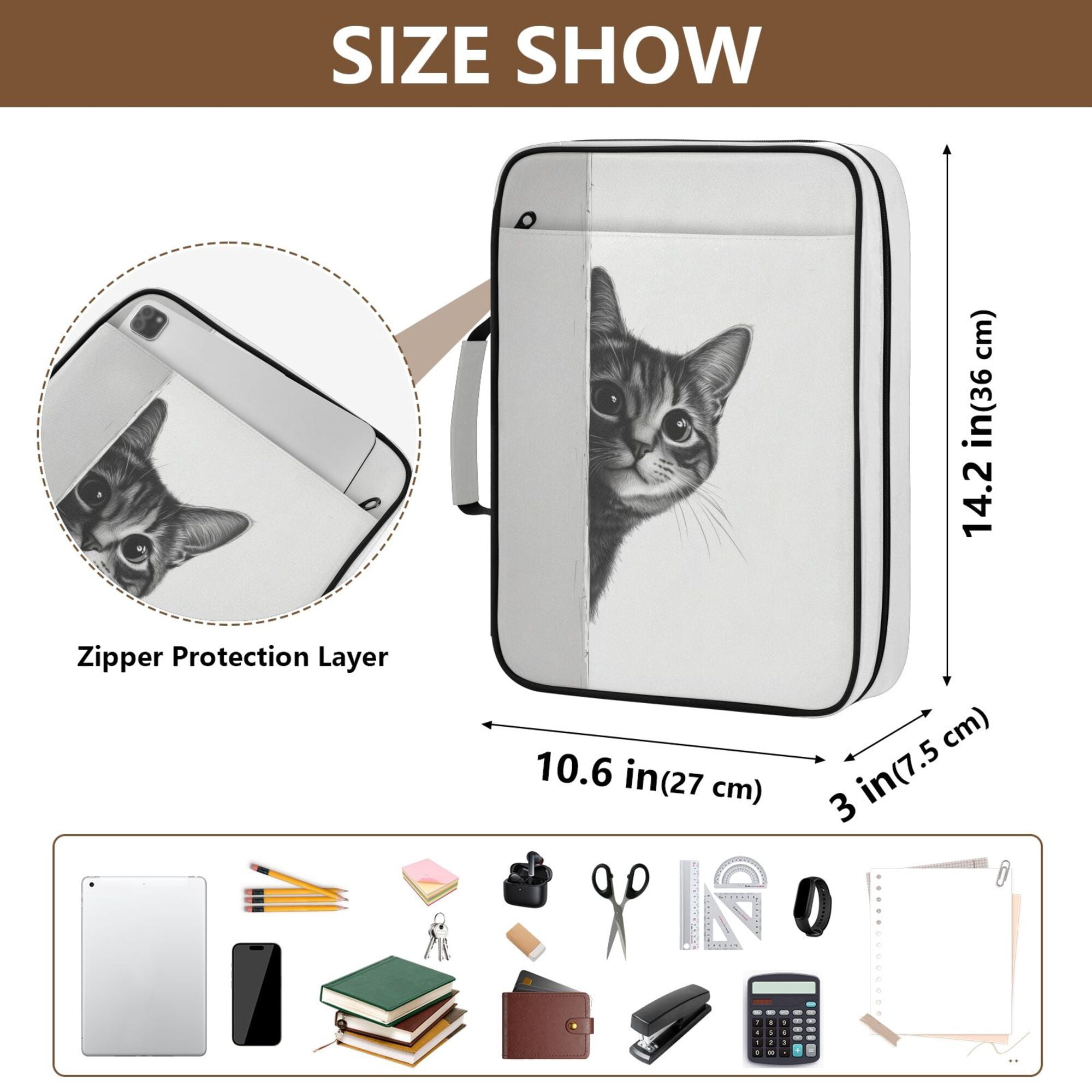 FORMRS Accordion File Folder A4 Size 7-Pocket Expanding Document Organizer Bag with 3 Ring Binder, Black Cute Cat
