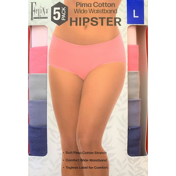 Felina Women's Pima Cotton Stretch Wide Waistband Hipster Panties 5-Pack (Size L ~ Large)