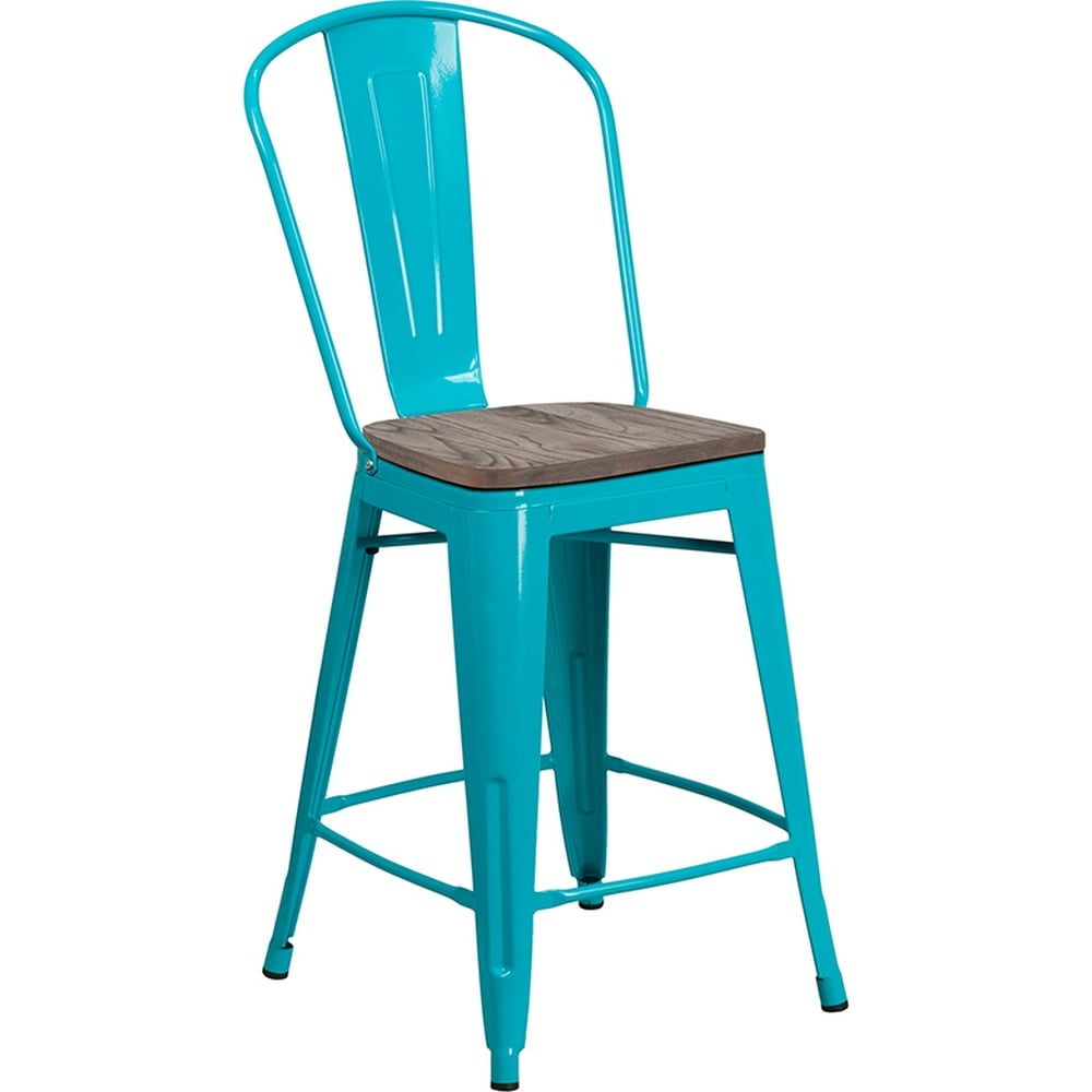 24"H Crystal TealBlue Metal/Wood Counter Stool with Back