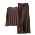 thumbnail image 2 of pstuiky Womens Short Pajamas Summer Solid Color Lace Pajama Sets with Pants Leisure Loose Fit Crew Neck Long Sleeve Sleepwear Loungewear Set Coffee L, 2 of 4