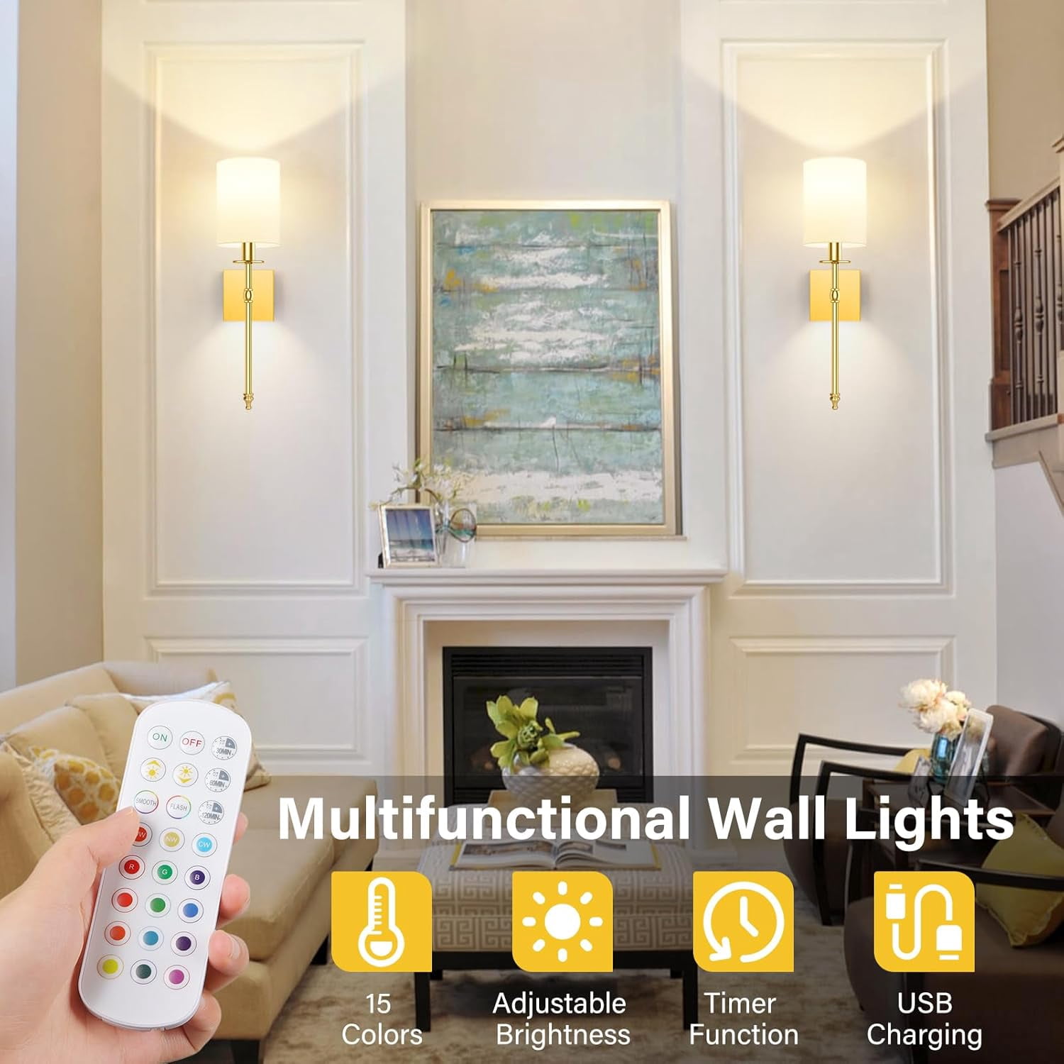 Nordic Hygge 19.9 Inch Wall Sconces Battery Operated Set of 2, Rechargeable Wireless Wall Sconces Lights with Remote, 2 Bulbs Included