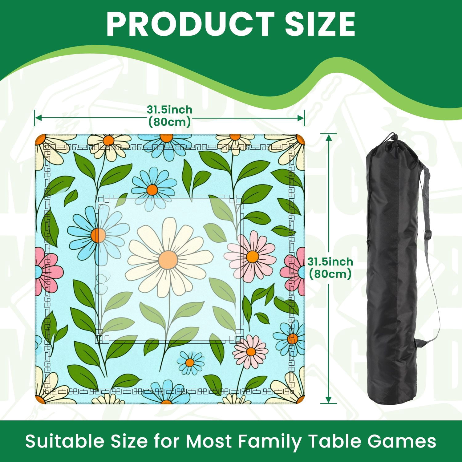 Mahjong Mat 31.5" x 31.5" Colorful Floral Daisies Leaves Light Blue Non-Slip Noise Reduction American Mahjong Tiles Table Cover for Dominoes Poker Card Board Games Gift