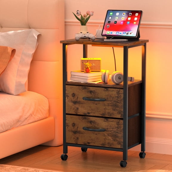 UNTIMATY Nightstand with Charging Station Bed Side Table with USB Ports and LED Light 2 Drawers Nightstand for Bedroom Dorm, Rustic Brown