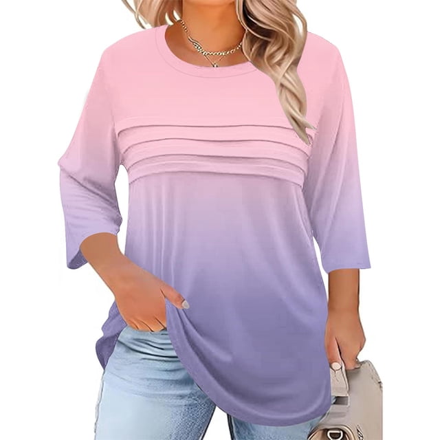 Neewe Womens Plus Size Tops 3/4 Sleeve Shirts Crewneck Pleated Blouses Dressy Casual Fashion Tunic Top (1X-5X)