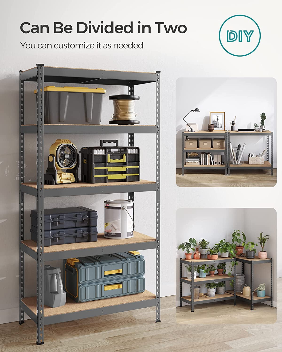 5-Tier Storage Shelves Metal Garage Storage, Boltless Assembly Adjustable Shelving Unit, 17.7 x 35.4 x 70.9 Inches, Load 1929 lb, for Shed Warehouse Basement Kitchen Gray