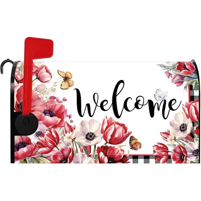 Housse Magnétique de Boîte aux Lettres Welcome 21x18 Po Tulipes Rouges, Fleurs de Printemps, Papillon Tissu Imperméable pour Décoration de Jardin et de Cour