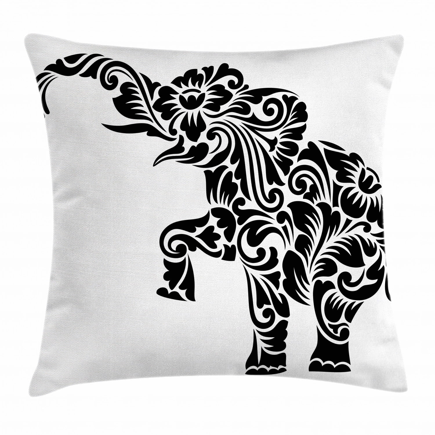 Elephant Throw Pillow Cushion Cover, Floral Ornamental Ethnic African