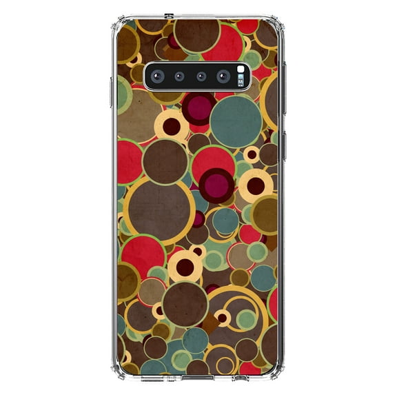 DistinctInk Clear Shockproof Hybrid Case for Samsung Galaxy S10 (6.1" Screen) - TPU Bumper, Acrylic Back, Tempered Glass Screen Protector - Brown Red Yellow Circles - Relive the 80's