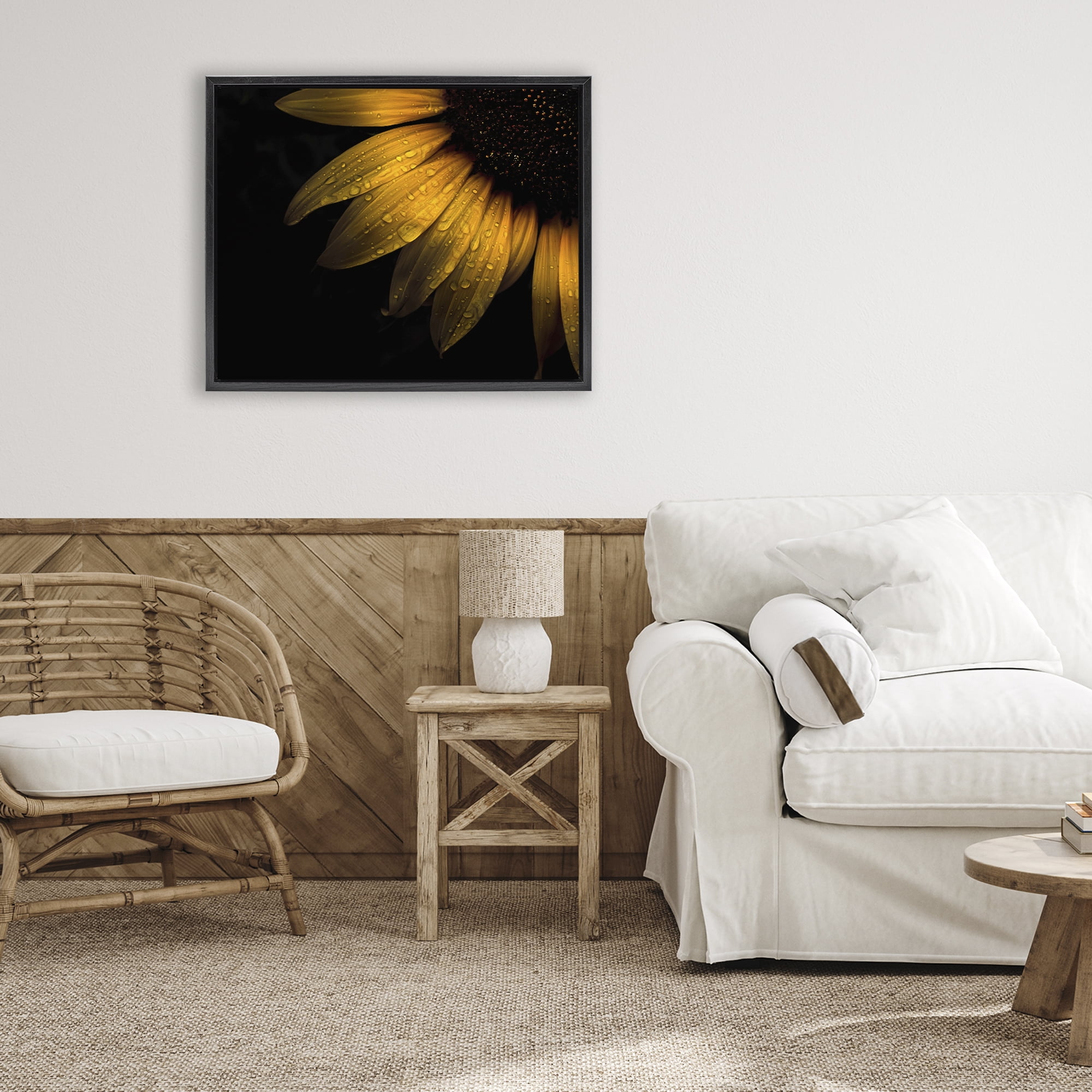 Water Droplets on Sunflower Black Framed Floater Canvas Wall Art, design by Brian Carson Photography