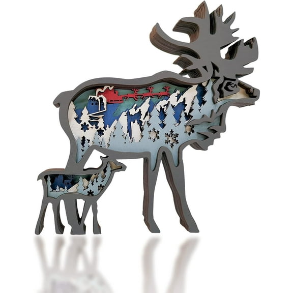 3D Wooden Animals Carving, Reindeer Decor Multi-Layered Wood Carved Reindeer Statues Wall Hanging Figurines Rustic Sculpture Silhouette Ornament Reindeer for Living Room Bedroom Home for Presents