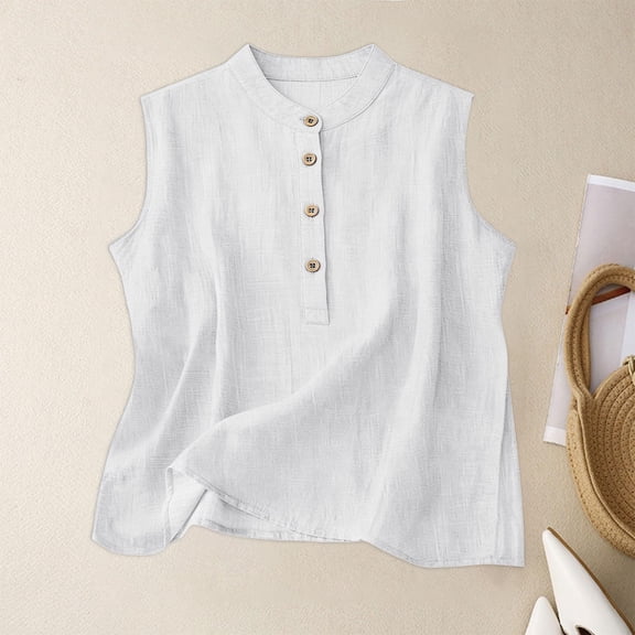 Craaazy Women's Summer Sleeveless Topss, Round Neck Button Accent Casual Shirt, Loose Fit Linen Blend Tee for Everyday Outfits Gifts