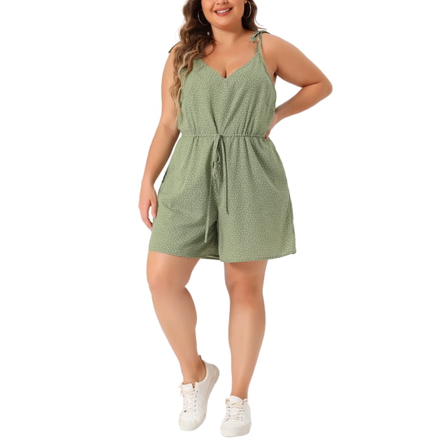 Jumpsuit de mujer plus size con lunares, cintura alta elástica, tirantes y bolsillos en verde 3X