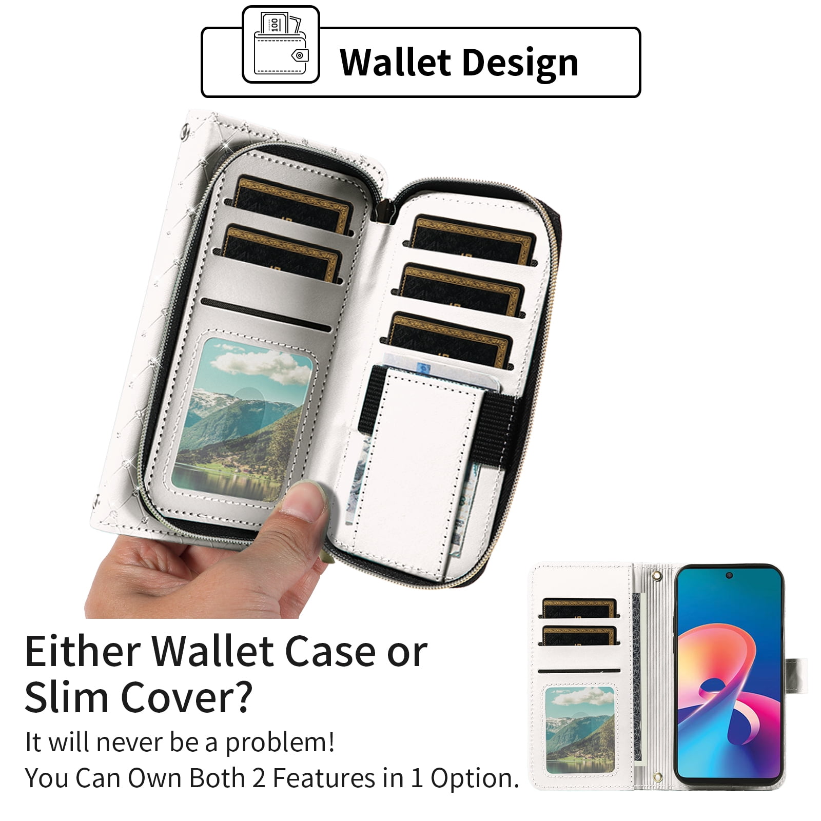 Compatible with TCL 50 5G/50 XE NXTPAPER/50 XE 5G Wallet Phone Case Tempered Glass Screen Protector Bling Glitter Crossbody Lanyard Strap Flip Zipper Purse Card Holder Cell Cover for Women Men White