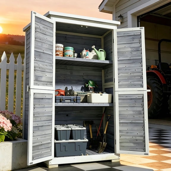 Lofka Outdoor Storage Cabinet with Floor, Vertical Wooden Tool Cabinet with Removable Shelves & Sloped Asphalt Roof for Patio Backyard Garden