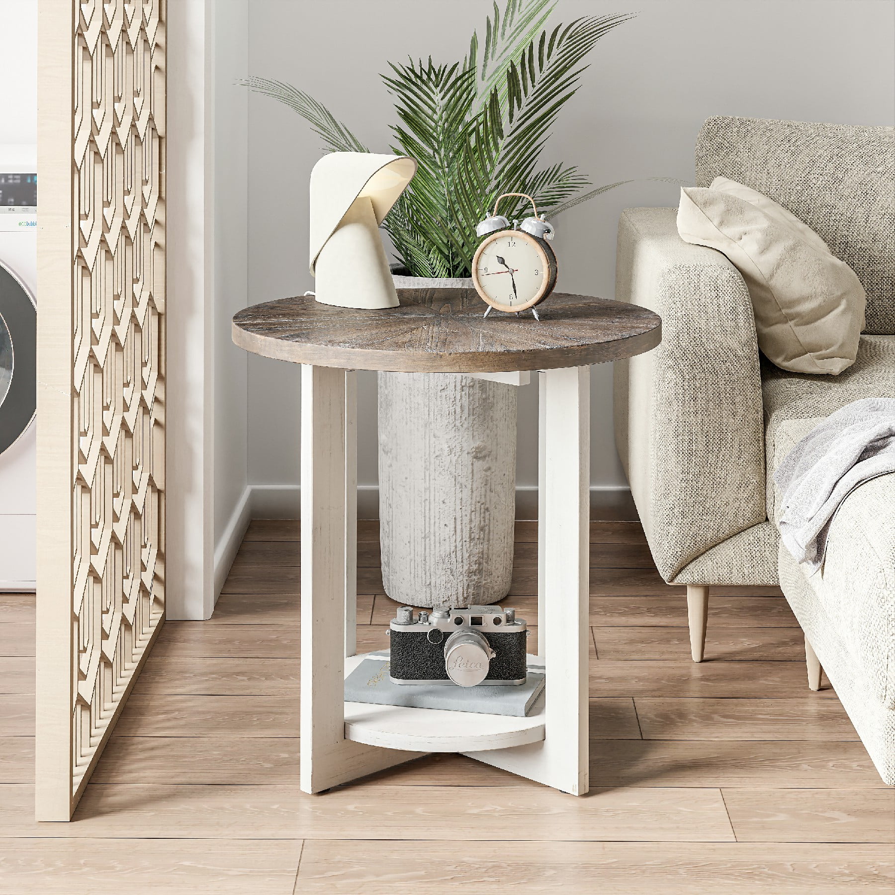 COZAYH Round Wood End Tables with Storage, Rustic Farmhouse Accent Table with Distressed Wood Top, Circle Table for Living Room, 24Dx24Wx24H in