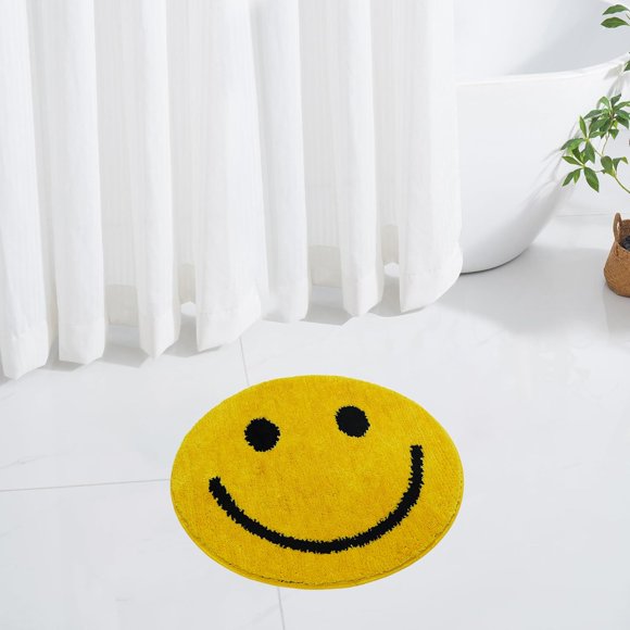 Indecor Home Bath Microfiber Rug, Soft and Absorbent Bathroom Mat, Quick Dry Non Slip Floor Rug for Shower, Bath, and Toilet, Round Happy Face Freesia Design, 26x26 Yellow