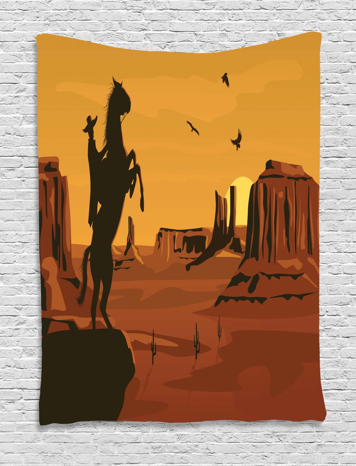 Western Tapestry, Cartoon Illustration of Wild West Scene Cowboy in