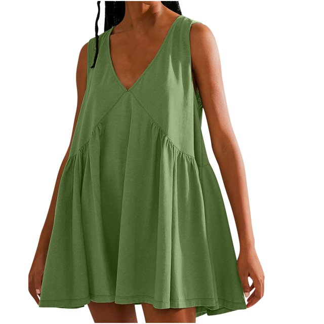 Penkiiy Robe Courte Sans Manches à Col en V pour Femme, Ample, d'Été, Plissée, Évasée, Fluide, Robe Soleil, L Vert