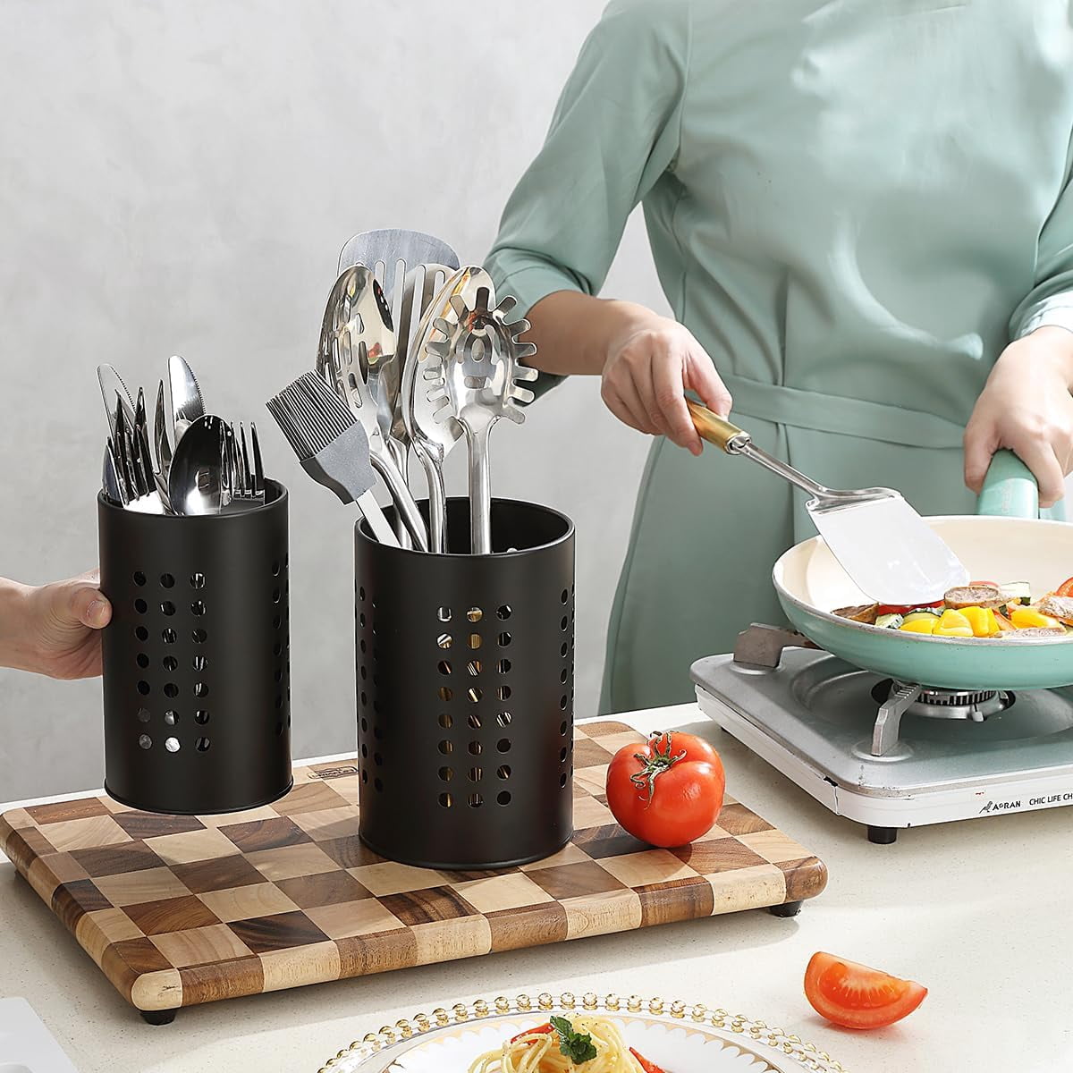 Kitchen Utensils Holder for Counter Top 2 Pieces, Black Stainless Steel Cutlery Holder, Kitchen Essentials Farmhouse Style Home Countertop Organizer