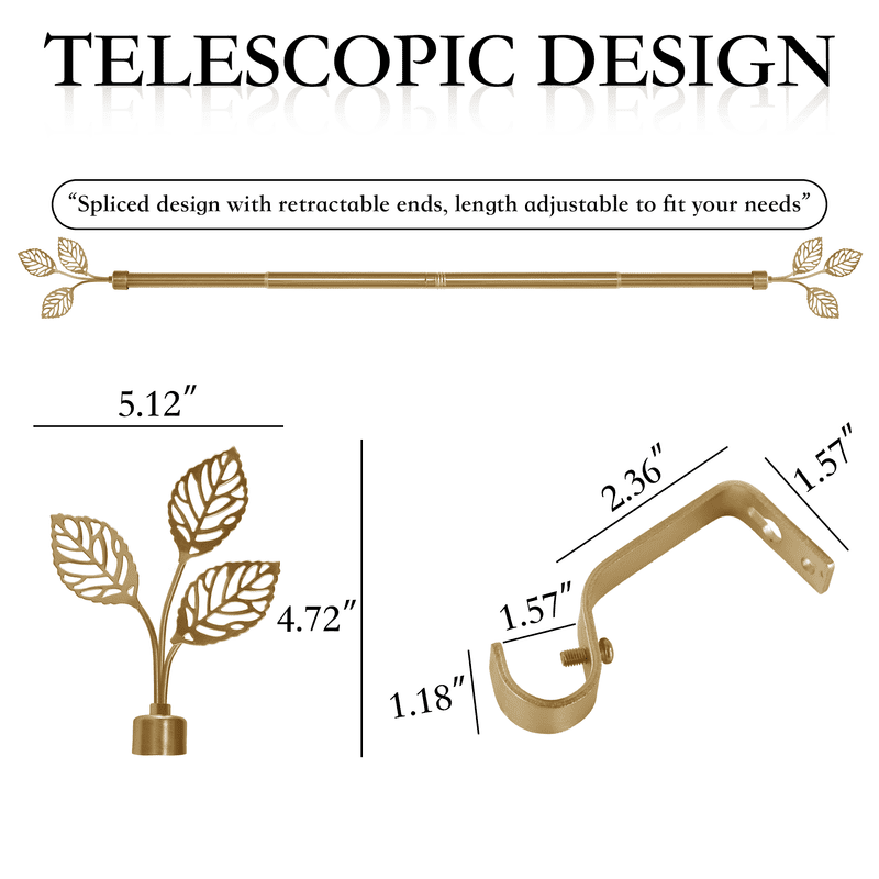 NICETOWN Curtain Rods 1-inch Diameter Suitable Window from 48 to 84 inch, Single Adjustable Drapery Rods with Decorative Leaf Finials, Golden, Set of 1