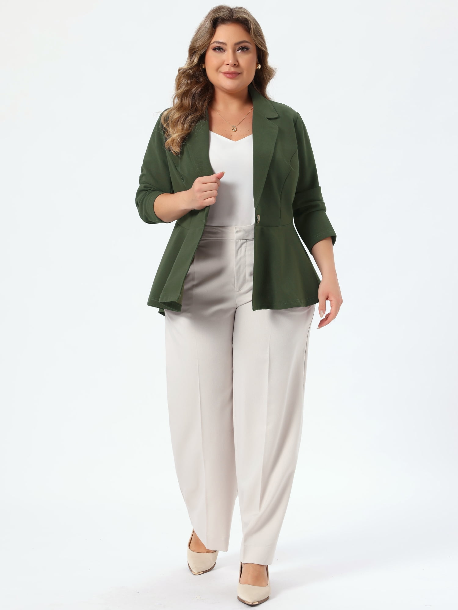 DARING DIVA Women's Plus Size Blazer Notch Panel Business Casual Suit Jacket 2X Army Green