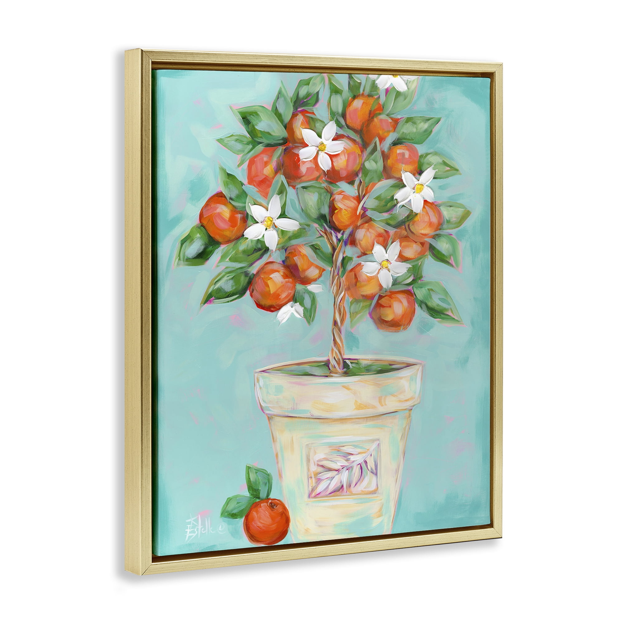 Stupell Industries Orange Blossom Clay Pot Food & Beverage Painting Gold Floater Framed Art Print Wall Art, 17 x 21