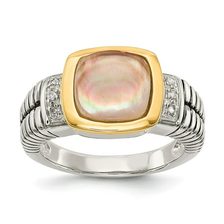 Roy Rose Jewelry Sterling Silver with 14K Yellow Gold Black Mother of Pearl & Diamond Ring Size 8