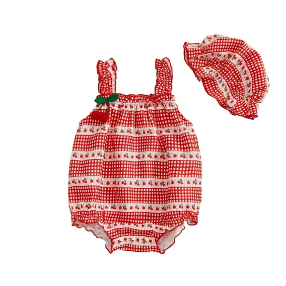 Okbabeha Baby Girl Romper Sleeveless Cherry Print Bodysuit and Hat Newborn Infant Summer Clothes Outfit