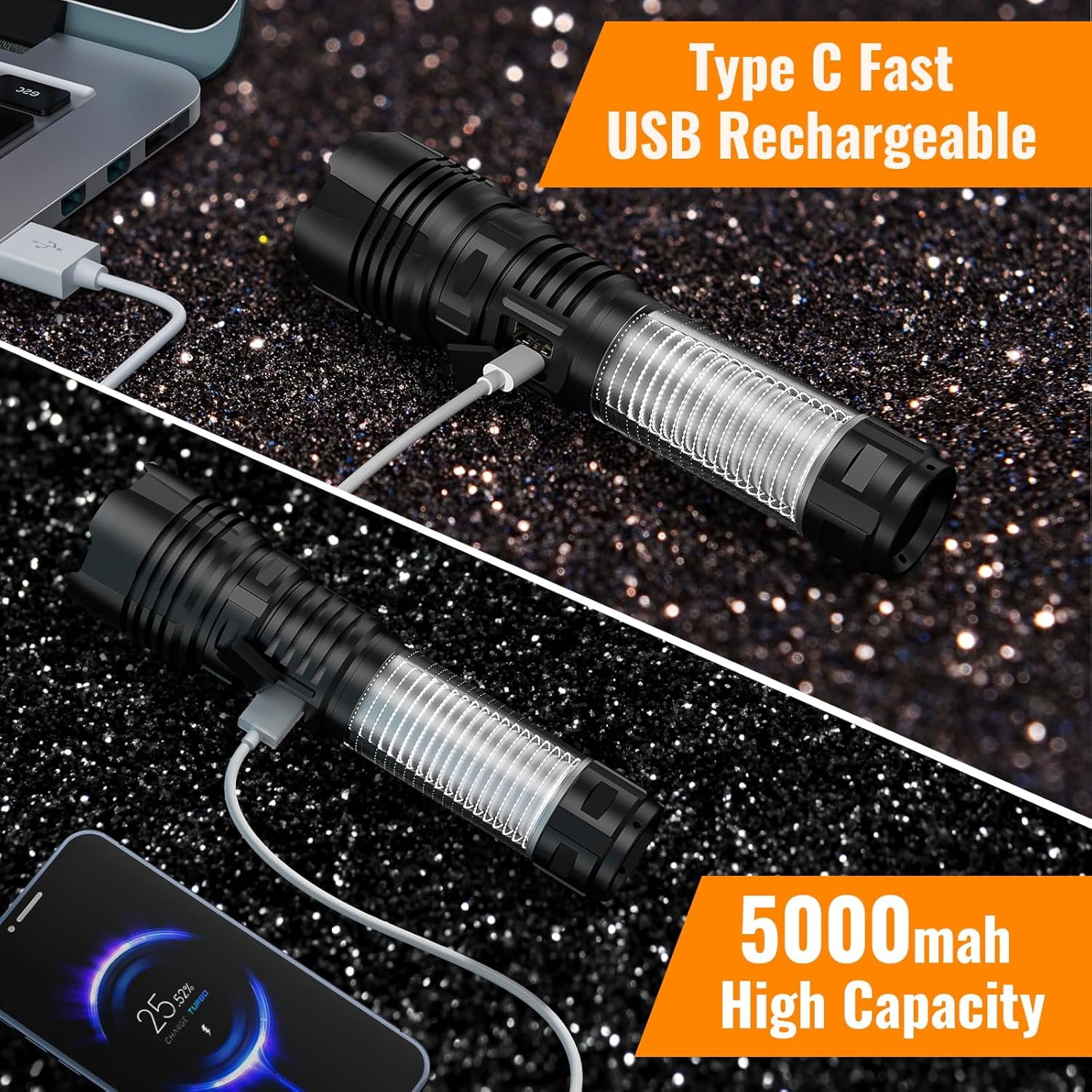 2-Pack Rechargeable LED Camping Lantern Flashlights - 2000LM Super Bright, 2000m Long Beam, 5 Modes, Waterproof, Zoomable for Camping, Hiking & Emergencies