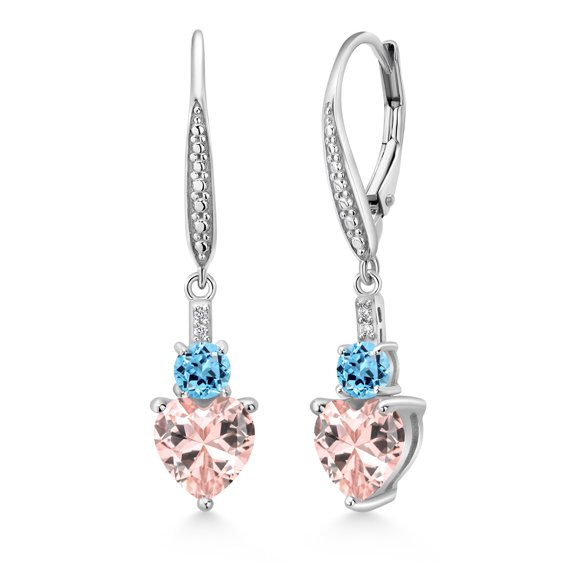 Gem Stone King 925 Sterling Silver Peach Nano Morganite Swiss Blue Topaz and White Lab Grown Diamond Drop Dangle Earrings for Women (3.24 Cttw, Heart Shape 7MM, Round 4MM)