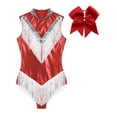 thumbnail image 2 of TiaoBug Women Metallic Latin Dance Leotard Fringe Cheerleading Uniform Outfits With Headwear Red S, 2 of 7