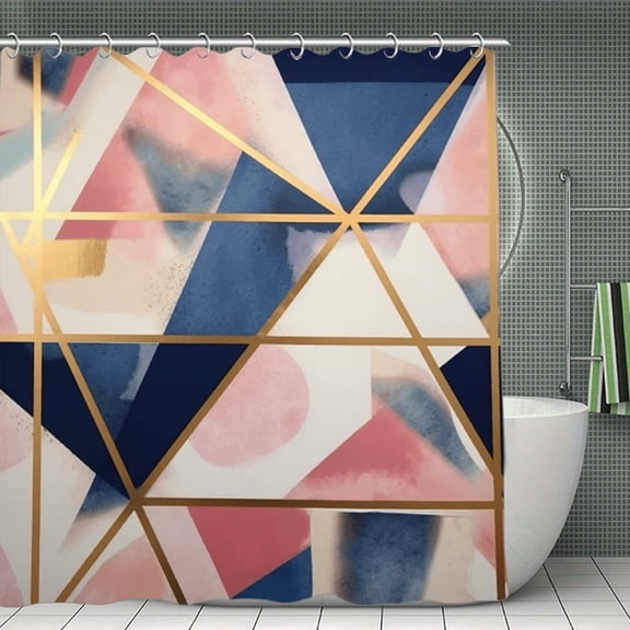 Blush Pink And Navy Geometric Shower Curtain 70.8x70.8 Inch,Bathroom Shower Curtain,Home Waterproof Fabric Shower Curtain Bathtub Decor with Hooks